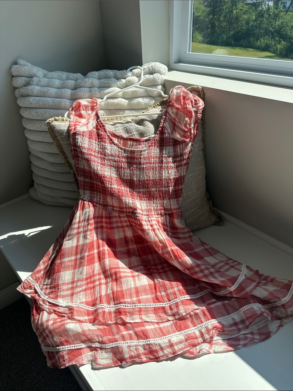 Kittenish Pink and White Plaid Smocked Sundress